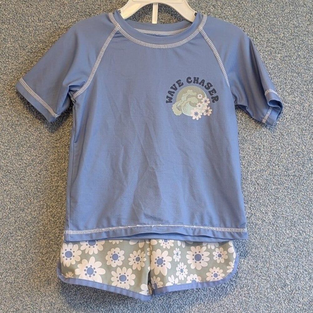 Wonder Nation Size 2T Blue Wave Chaser Short Sleeve Rash Guard Floral Swim Trunk